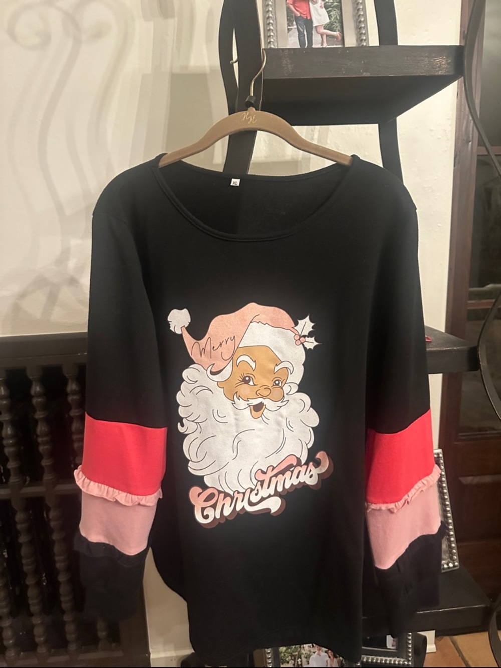 Black Christmas Santa Pullover with Pink & Red Sleeve Panels